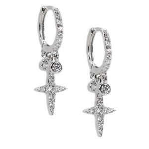 Mens Cross Drop Iced White Gold Plated Dangle Hanging Hip Hop Hoop Earrings